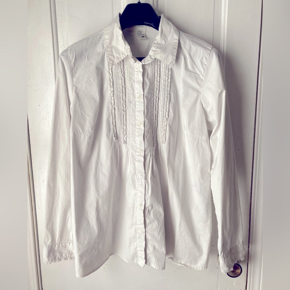 Large, Old Navy button up with ruffles, l/s, ruffle cuff, maternity, preowned
